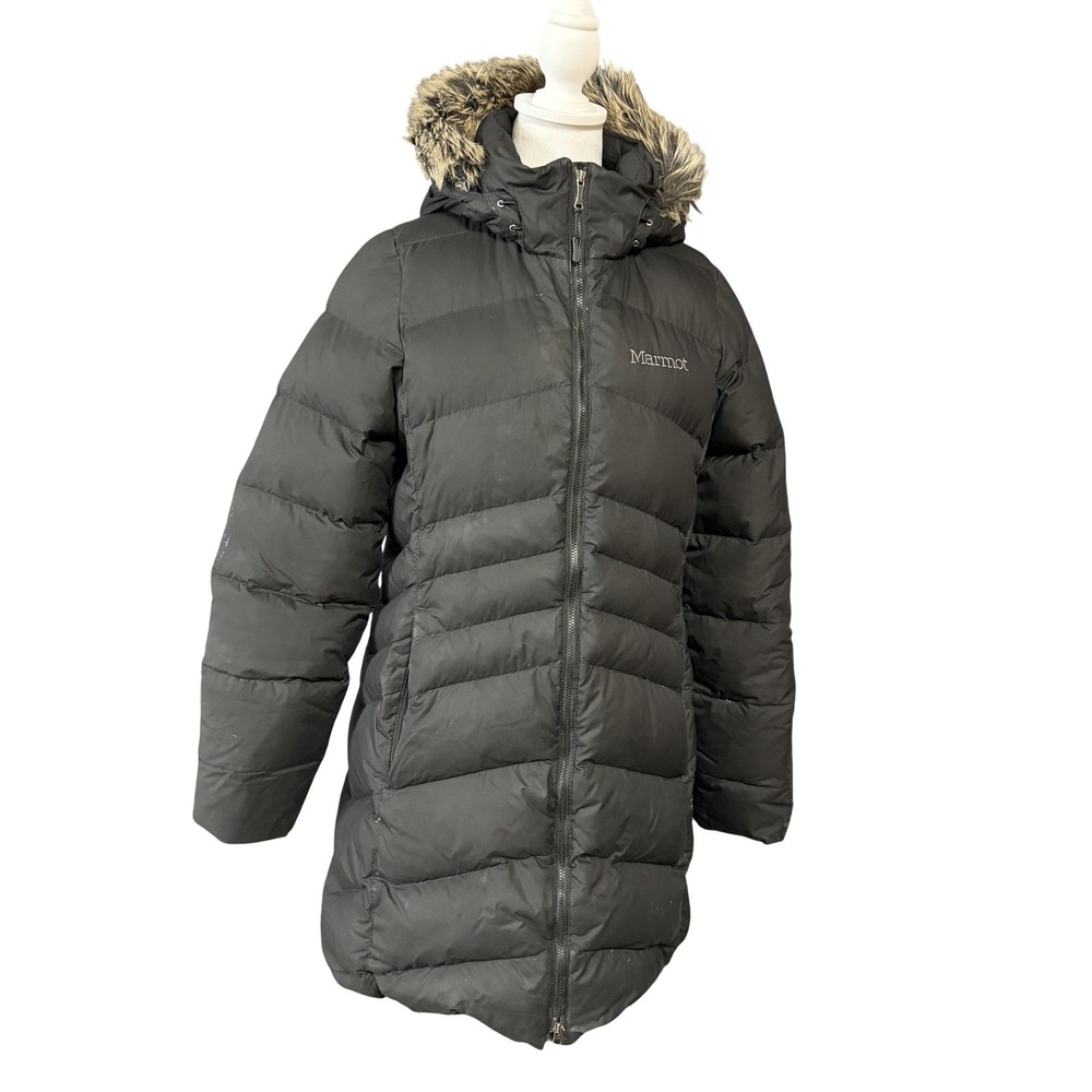 Marmot Coat‎ Womens Medium Black 700 Fill Down Puffer Hooded Fur Trim Parka
